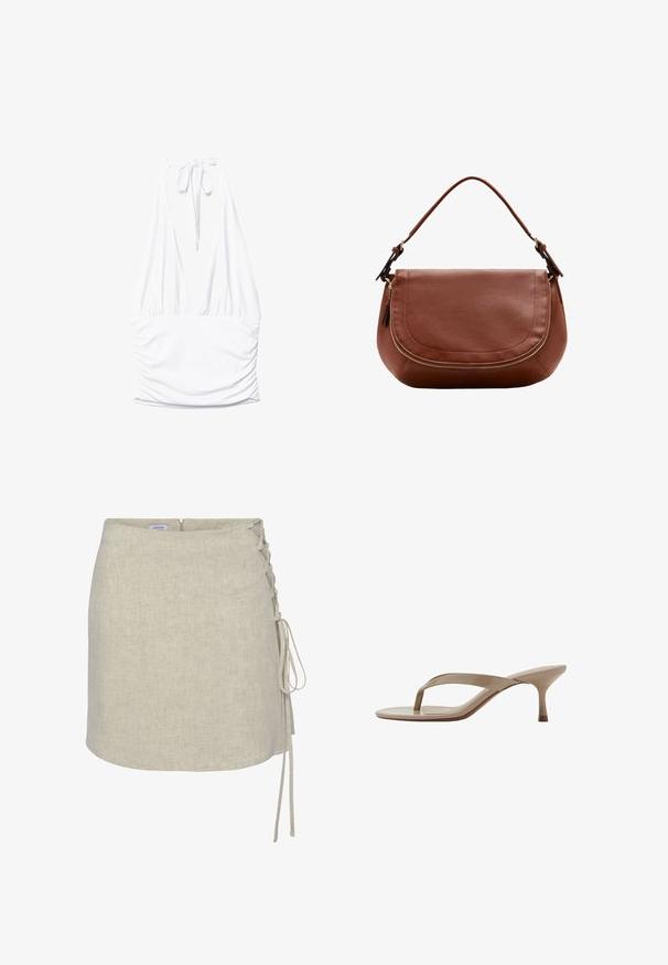 Stradivarius GATHERED HALTER TOP - Top - white; Béžová ľanová sukňa obopínajúceho strihu s detailom šnurovania na ľavej strane, rovný strih a zapínanie na zips vzadu. Hladká, štruktúrovaná tkanina.; Béžová sandála z lakovanej kože s jemným ihličkovým opätkom a úzkou podrážkou, zobrazená z boku na bielom pozadí.; Hnedá kožená taška cez rameno s zaoblenou klopou a zlatým zipsom, vybavená jedným nastaviteľným popruhom.