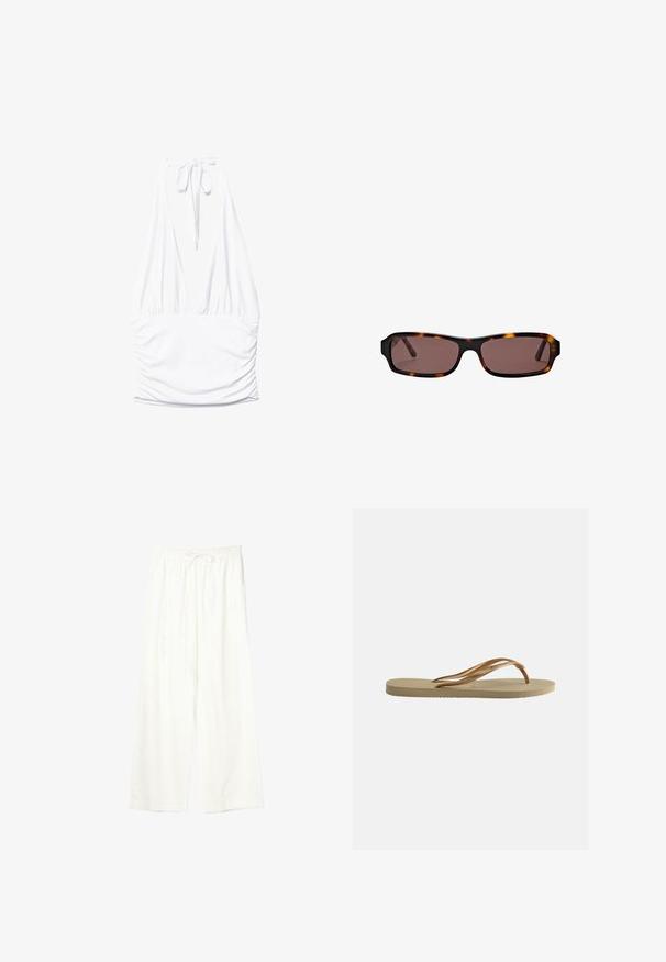 Stradivarius GATHERED HALTER TOP - Top - white; Weiße Hose mit weitem Bein, elastischem Bund und Kordelzug, aus leichtem Stoff.; Beige Flip-Flop-Sandale mit profilierter Sohle und bronzefarbenen, metallischen Y-förmigen Riemen vor schlichtem weißem Hintergrund.; Rechteckige Schildpatt-Sonnenbrille mit dunkelbraunen Gläsern und schlanken Bügeln, vor weißem Hintergrund dargestellt.
