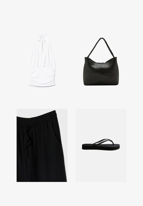 Stradivarius GATHERED HALTER TOP - Top - white; Schwarze Hose mit elastischem Bund und Kordelzug, bietet eine lockere Passform und Seitentaschen. Das Material wirkt weich und leicht.; Schwarze Gummiflips mit strukturierter Sohle und Y-förmigem Riemen, seitliche Ansicht vor schlichtem hellem Hintergrund.; Schwarze Schultertasche aus gewebtem Leder mit einem einzelnen geflochtenen Griff und einer weichen, abgerundeten rechteckigen Form.