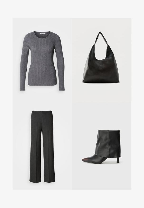 Camiseta de manga larga en gris oscuro, textura acanalada, cuello redondo, diseño ajustado, fabricada en una tela suave y elástica.; Pantalones de pierna ancha en gris oscuro, hechos de tejido texturizado. Cuentan con una cinturilla ajustada y un sutil patrón de rayas.; Botín negro de piel lisa con punta afilada y tacón cónico. La parte superior presenta un diseño ligeramente fruncido.; Bolso de hombro de cuero negro liso con una correa ancha y única y un diseño desenfadado y minimalista sobre un fondo sencillo.