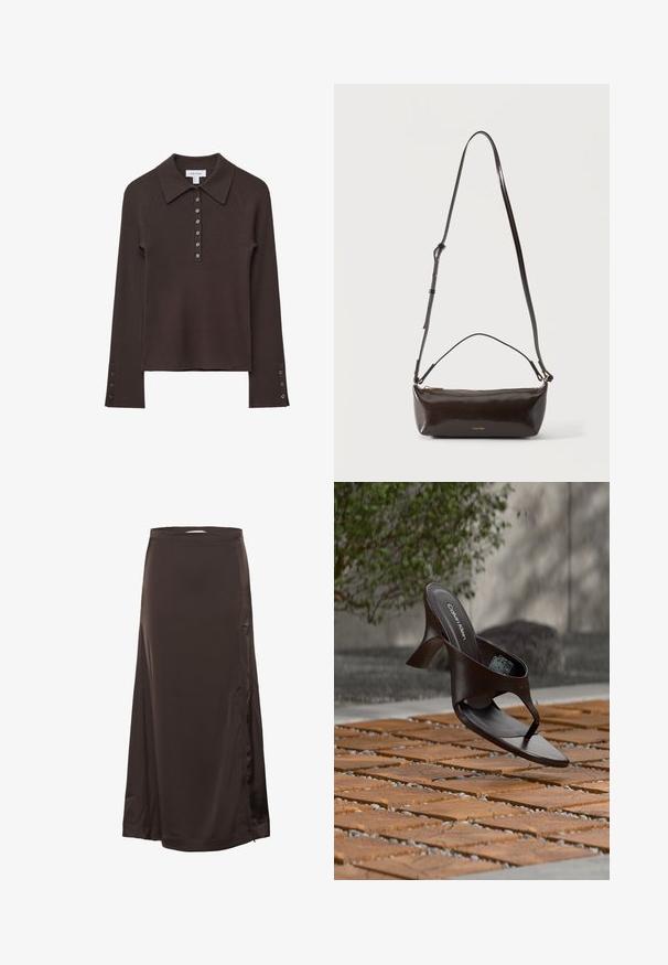 Camisa polo de manga larga de color marrón con canalé, con cuello, tapeta de seis botones y detalles de botones en las mangas. Textura suave con una silueta ajustada.; Larga falda de satén marrón oscuro con cintura entallada y sutil abertura lateral, textura suave y ligero brillo.; Sandalia de tiras con tacón marrón de Calvin Klein suspendida sobre suelo exterior de loseta de madera y grava, con fondo desenfocado de vegetación y piedras.; Pequeño bolso de hombro de cuero marrón oscuro brillante con correa ajustable, asa superior y cierre de cremallera dorado.