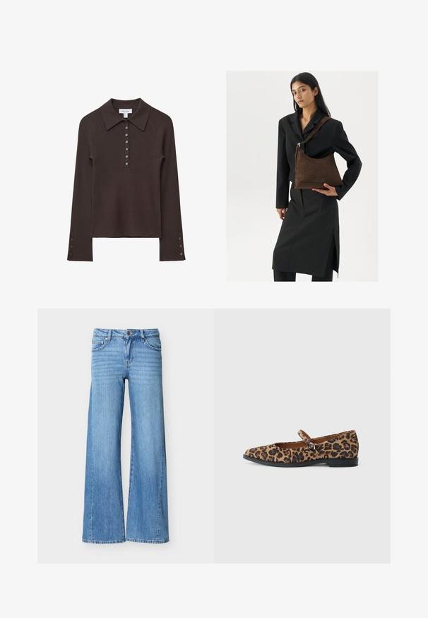 Brun ribbet langærmet polo shirt med krave, seks knaplukninger og knapdetaljer på ærmerne. Blød tekstur med en tætsiddende silhuet.; Lyseblå denimjeans med høj talje, knap- og lynlåslukning, forlommer og vide ben.; Leopardmønstrede flade sko med rund tå, en sort rem over vristen og en lav sort sål. Blødt stof tekstur.; Kvinde iført en sort blazer og nederdel, som holder en stor mørkebrun suedetaske mod en hvid baggrund.