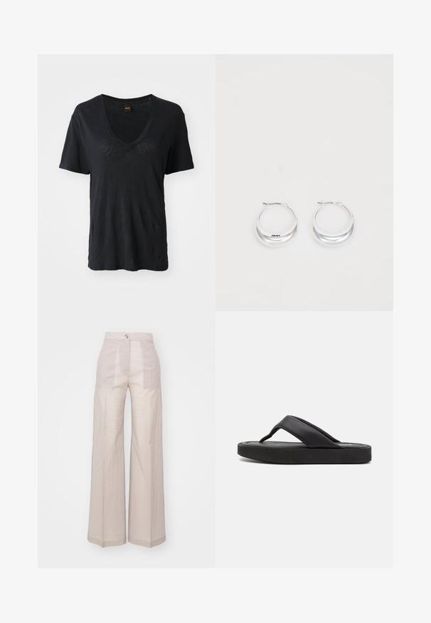 T-shirt noir à manches courtes avec col en V, fabriqué en tissu doux, présentant une coupe décontractée et des détails texturaux discrets à l'avant.; Pantalons larges beiges en tissu tissé léger, avec une taille haute, fermeture à bouton unique à l'avant et une texture subtile.; Tongs noires avec une large lanière entre les orteils et une tige en synthétique douce. Dotées d'une semelle en caoutchouc épaisse avec une semelle intérieure texturée pour une meilleure adhérence.; Boucles d'oreilles en argent avec une finition polie et un branding DKNY, présentées sur un fond blanc uni.