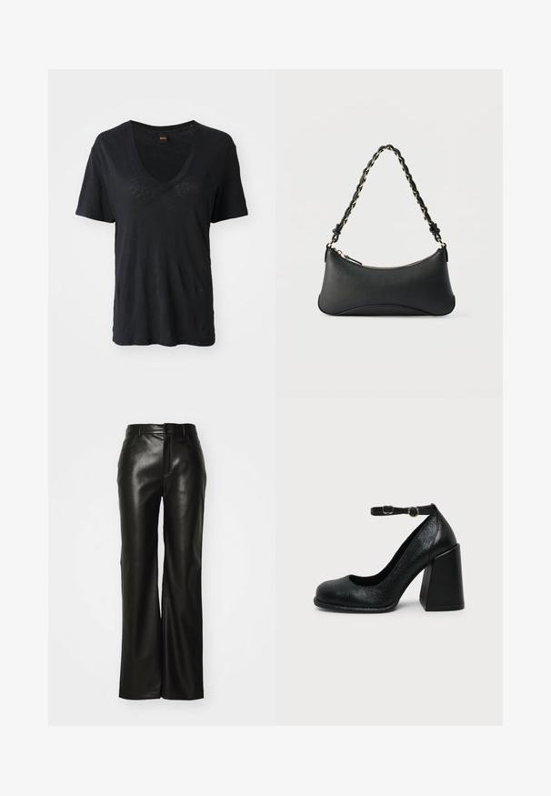 Schwarzes kurzärmeliges V-Ausschnitt-T-Shirt aus weichem Stoff, mit lockerer Passform und subtilen Texturdetails auf der Vorderseite.; Schwarze Wide-Leg-Hose aus Kunstleder mit glatter Textur, vorderem Reißverschluss und Gürtelschlaufen; minimalistisches Design ohne sichtbare Muster oder Akzente.; Schwarzer Leder-Pumps mit abgerundetem Zehenbereich und verstellbarem Knöchelriemen mit goldener Schnalle auf schlichter heller Hintergrundfläche.; Schwarze Lederschultertasche mit gewölbter rechteckiger Form, goldener Kette, die in den geflochtenen schwarzen Riemen eingewebt ist, und Reißverschlussverschluss oben.