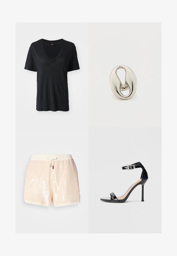 T-shirt noir à manches courtes avec col en V, fabriqué en tissu doux, présentant une coupe décontractée et des détails texturaux discrets à l'avant.; Shorts en sequins beige clair avec une taille élastique et un cordon de serrage. Dotés d'une doublure douce et d'une texture lisse. Les détails incluent des sequins brillants.; Sandale à talon haut en cuir verni noir avec bride à la cheville. Présente un design minimaliste, un bout ouvert et une boucle ornée de strass.; Bague ovale argentée brillante avec un design épais et torsadé et un centre creux, présentée sur un fond blanc uni.