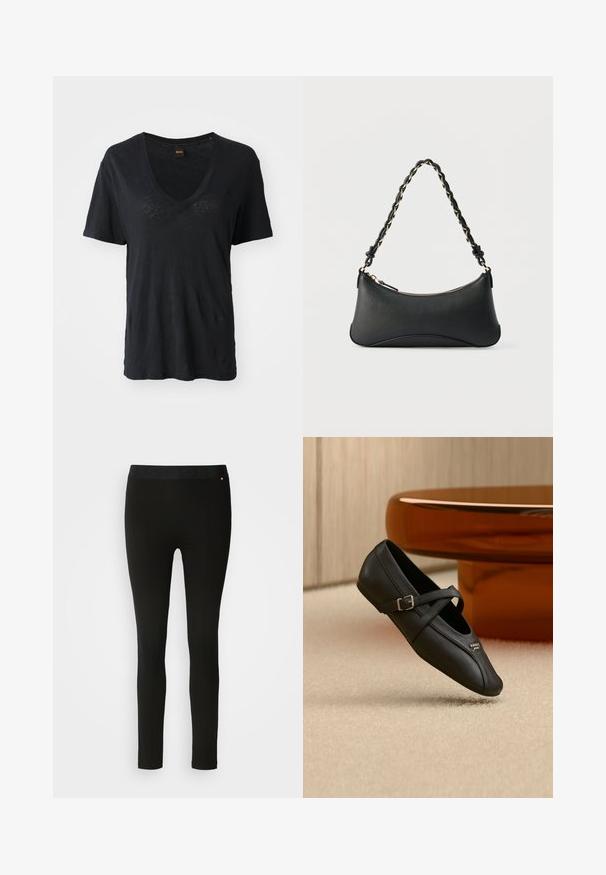 Camiseta negra de manga corta con cuello en V, hecha de una tela suave, con un corte holgado y un sutil detalle texturizado en la parte frontal.; Leggings negros con una textura suave, que cuentan con una cinturilla flexible y sutiles detalles en las costuras. Sin patrones ni elementos de hardware presentes.; Zapato Mary Jane negro con una hebilla lateral y un pequeño logo metálico, colocado sobre una alfombra beige cerca de una mesa redonda marrón.; Bolso de hombro de cuero negro con forma rectangular curvada, cadena dorada entrelazada en una correa negra trenzada y cierre superior con cremallera.