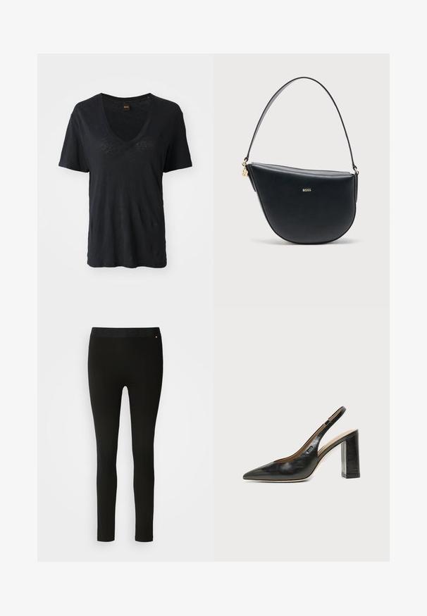 Camiseta negra de manga corta con cuello en V, hecha de una tela suave, con un corte holgado y un sutil detalle texturizado en la parte frontal.; Leggings negros con una textura suave, que cuentan con una cinturilla flexible y sutiles detalles en las costuras. Sin patrones ni elementos de hardware presentes.; Zapato slingback de piel negra con puntera puntiaguda, tacón alto y ancho, y forro interior beige sobre un fondo claro y liso.; Bolso de mano semicircular de cuero negro con una sola correa para el hombro y el logo dorado de BOSS centrado en el frente.