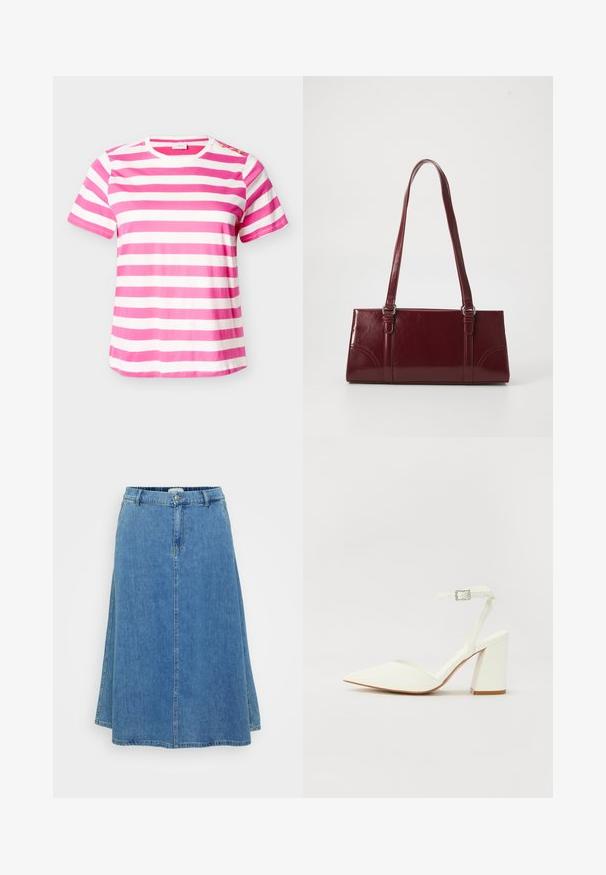 Camiseta de algodón de manga corta con rayas horizontales rosas y blancas y tres botones dorados en el hombro izquierdo.; Falda en A de denim azul con cinturilla, cierre frontal de botones y costuras cosidas. El material muestra una textura de denim estándar.; Sandalia blanca de tacón con puntera afilada, correa ajustable en el tobillo y un tacón cuadrado grueso. Textura lisa con detalles de costura mínimos.; Bolso burdeos hecho de material brillante, de forma rectangular, con dos asas para el hombro y sutiles acentos curvados en la parte frontal.