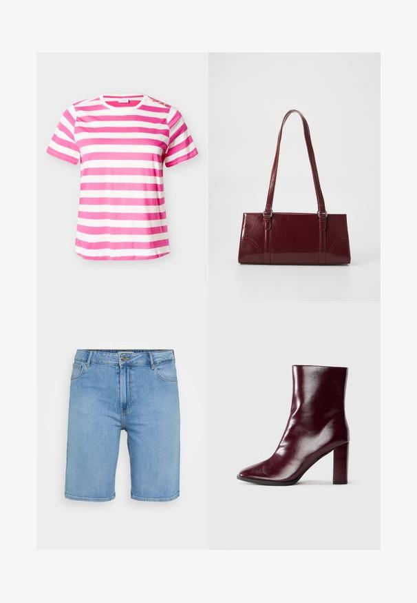 Kurzärmeliges Baumwoll-T-Shirt mit horizontalen pink-weißen Streifen und drei goldenen Knöpfen auf der linken Schulter.; Helles blaues Denim-Shorts mit klassischem Schnitt, ausgestattet mit einem vorderen Knopfverschluss, Gürtelschlaufen und zwei Seitentaschen. Glatte Textur und gerader Saum.; Schimmernder dunkelburgunderfarbener Lederstiefel bis zur Mitte der Wade mit spitzemZehenbereich und blockiertem hohen Absatz auf neutralem Hintergrund.; Burgunderfarbene Handtasche aus glänzendem Material, rechteckige Form, mit zwei Schulterriemen und subtilen, geschwungenen Akzenten an der Vorderseite.