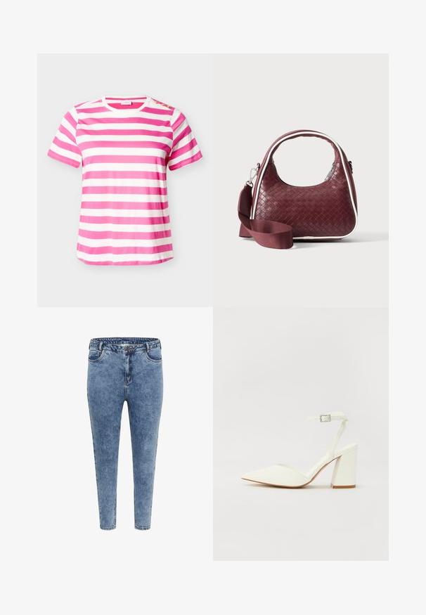 Katoenen T-shirt met korte mouwen, horizontale roze en witte strepen en drie gouden knopen op de linkerschouder.; Blauwe denim skinny jeans met een hoge taille, vijf zakken en een ritsluiting. De stof heeft een licht vervaagde textuur met contrasterende stiksels.; Witte hakken sandaal met een puntige neus, verstelbaar enkelbandje en een stevige vierkante hak. Gladde textuur met minimale stiksels.; Donkerrode geweven leren handtas met gebogen handvat, witte bies, zilveren rits en afneembare brede stoffen schouderriem tegen een effen achtergrond.