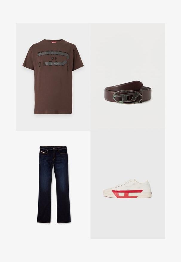 Braunes Baumwoll-T-Shirt mit schwarzem Schriftzug "PROPERTY OF D" und strukturiertem grauem Akzent quer über der Brust. Kurze Ärmel, lockere Passform.; Dunkelblaue Jeans aus Denim mit geradem Bein, ausgestattet mit orangefarbenen Nähten, einem Reißverschluss und Vordertaschen. Glatte Textur und Standardbund.; Leinensneaker mit weißem Obermaterial, roten Gummidetails und einem strukturierten Design. Verfügt über eine runde Zehenpartie und fünf Ösen für die Schnürsenkel.; Brauner Ledergürtel mit einer strukturierten Oberfläche und einer ovalen Metallschnalle mit grünlicher Patina. Der Gürtel ist breit und robust gestaltet.