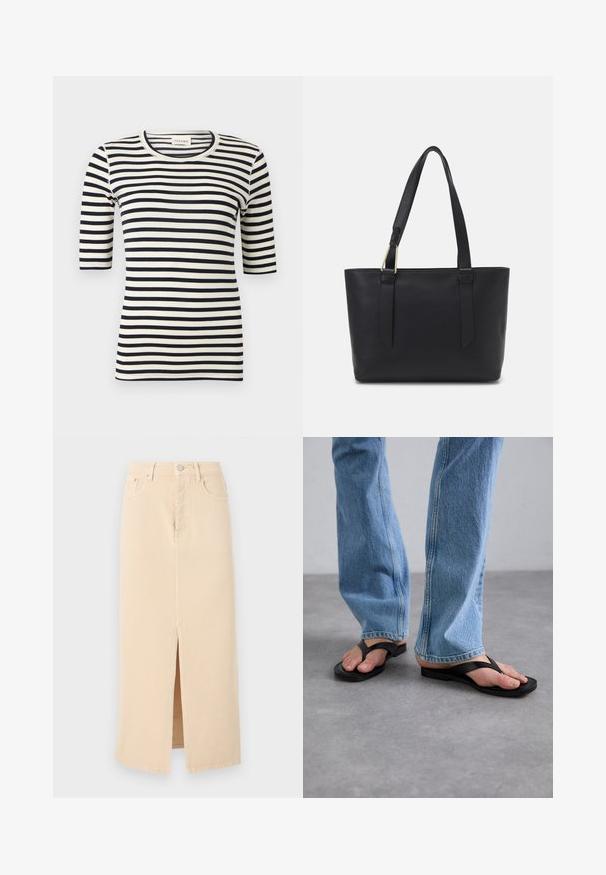 Camisa ajustada de rayas horizontales en blanco y negro con mangas hasta el codo y escote redondo.; Falda midi de mezclilla beige de talle alto con abertura frontal, trabillas para cinturón, cierre de botón y cremallera, y bolsillos delanteros.; Chanclas negras con una amplia correa en forma de V, hechas de goma. Llevadas con jeans rectos de color azul claro, que muestran un denim texturizado.; Bolso tote de cuero negro con una superficie texturizada, doble asa para el hombro y acentos de hardware en tono dorado. Forma rectangular con bordes rectos.