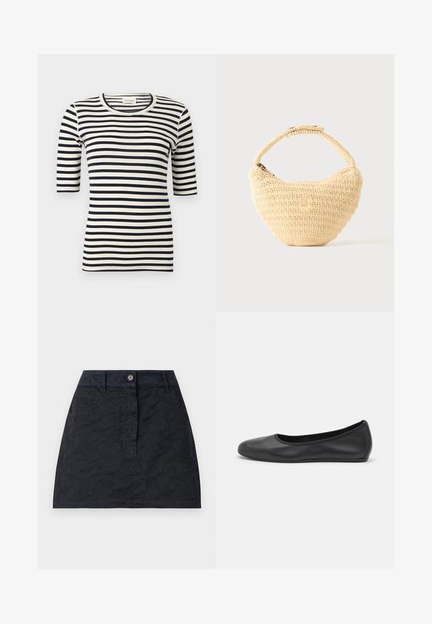 Chemise ajustée à rayures horizontales noires et blanches avec manches jusqu'au coude et col rond.; Jupe noire à motif texturé, dotée d'une fermeture à boutons sur le devant, de deux poches et d'une coupe ajustée. Fabriquée en tissu durable.; Ballerines en cuir noir avec un bout rond, texture lisse, détails de couture minimalistes et design de semelle flexible.; Sac à main beige tissé avec corps arrondi, fermeture éclair et une sangle courte et épaisse dans un style crochet simple et texturé.