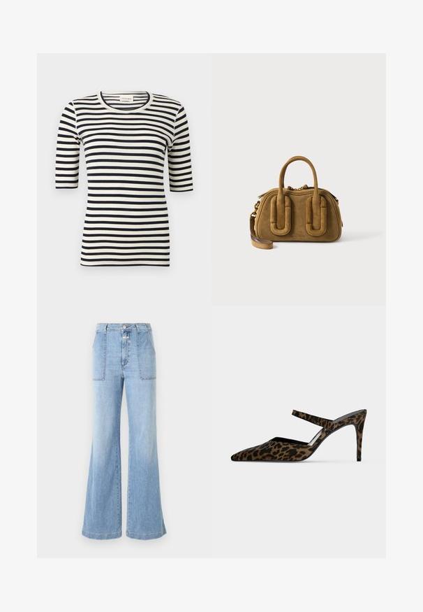 Zwart-wit horizontaal gestreept aansluitend shirt met ellelange mouwen en ronde hals.; CLOSED ARIA - Flared Jeans - light blue; Bruine en zwarte luipaardprint muilezel op hoge hak met spitse neus en een dun bandje over de bovenzijde van de voet.; Bruine suède handtas met afgeronde handvatten en afneembare schouderriem op een witte achtergrond.