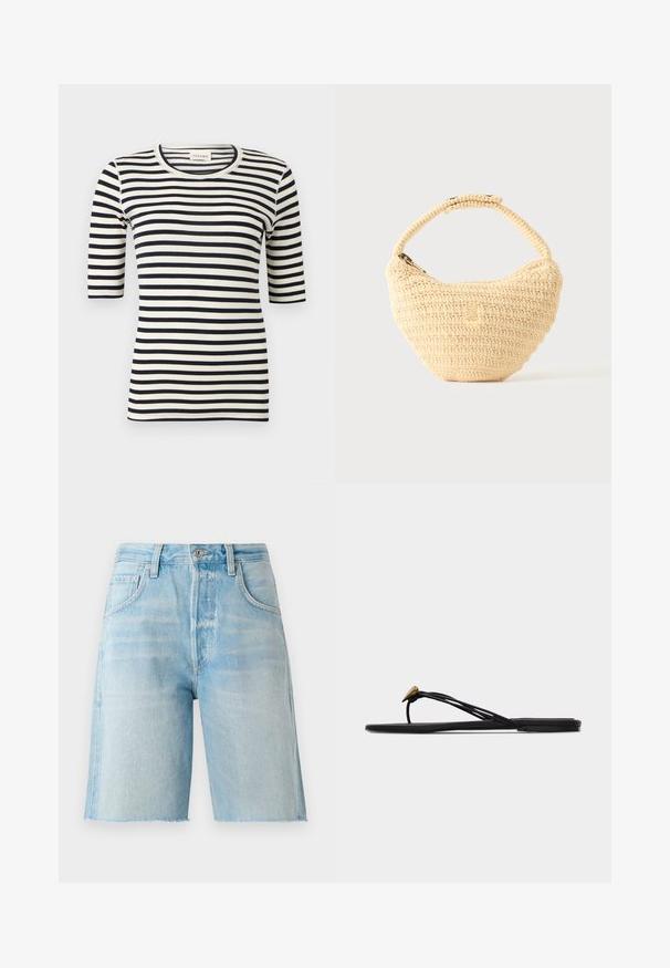 Sort og hvidt, vandret striped tætsiddende skjorte med albuelange ærmer og rund halsudskæring.; Lyseblå denimshorts med høj talje, fem lommer og rå kant. Blødt materiale og klassisk snit, velegnet til afslappet brug.; Sort flad thong-sandal med flere tynde stropper og en lille guldfarvet dråbeformet dekoration på den forreste rem.; Beige vævet håndtaske med afrundet krop, lynlås, og en kort, tyk strop i en enkel, tekstureret hæklestil.