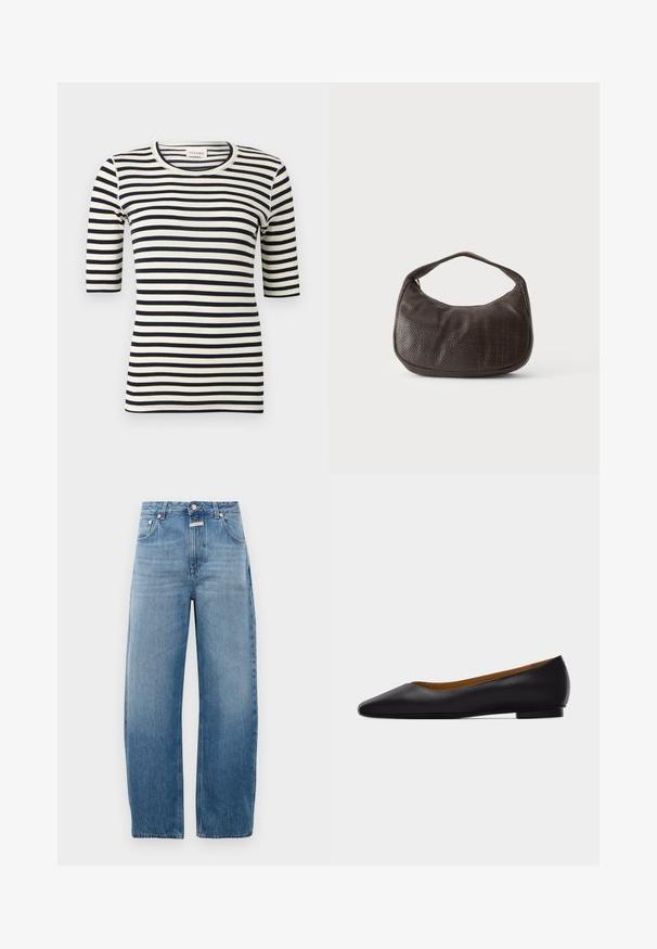 Chemise ajustée à rayures horizontales noires et blanches avec manches jusqu'au coude et col rond.; Jean en denim bleu clair, taille haute, avec une coupe droite. Présente un design classique à cinq poches et une fermeture à bouton en métal.; Chaussure plate en cuir noir à bout pointu avec talon bas et finition lisse, vue de côté sur un fond gris clair.; Petit sac à main marron foncé texturé avec une courte bandoulière et un fond arrondi sur un fond clair uni.
