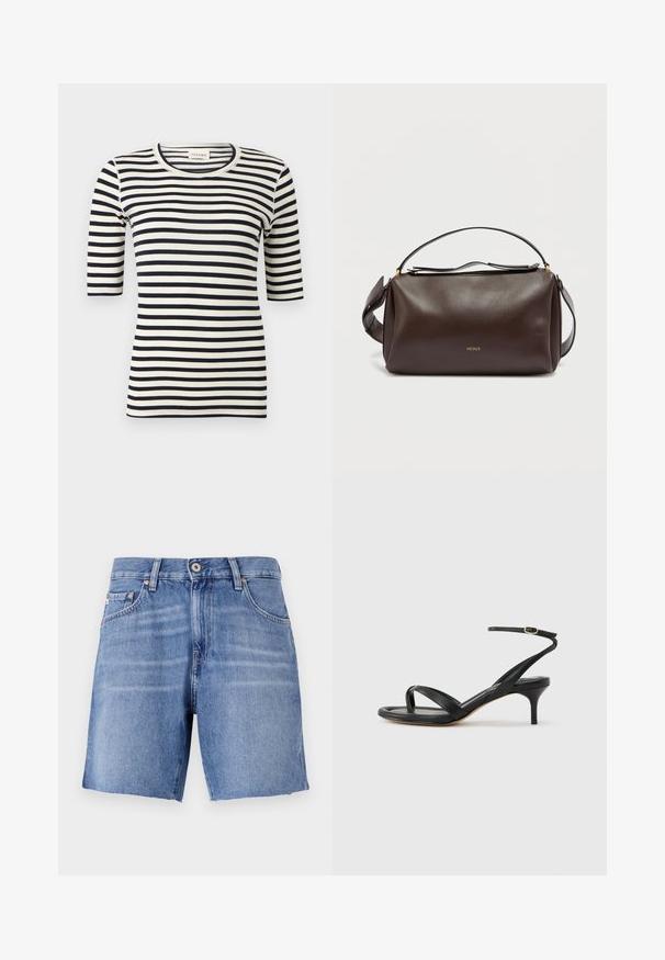 Sort og hvidt, vandret striped tætsiddende skjorte med albuelange ærmer og rund halsudskæring.; Lyseblå denimshorts med lige snit, rå kant, fem lommer og metalknaplukning. Stoffet har en glat tekstur med let falming.; Sort damesandal i læder med tynde remme, en tå-loop, ankelspænde og en mellemhøj stiletthæl på en neutral baggrund.; Brun skuldertaske i læder med et struktureret design, der har et gyldent logo, en lynlåslukning øverst og en aftagelig rem. Glat tekstur.