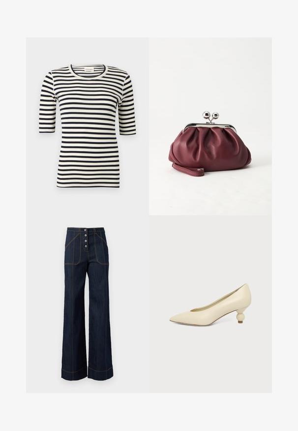 Chemise ajustée à rayures horizontales noires et blanches avec manches jusqu'au coude et col rond.; Pantalons larges en denim foncé à taille haute, fermeture à cinq boutons à l'avant et couture dorée contrastante. Dispose de grandes poches avant.; Chaussure femme couleur crème à bout pointu avec un petit talon rond en forme de boule, sur fond uni.; Petit sac pochette en cuir bordeaux avec fermoir métallique argenté et bracelet sur fond blanc.