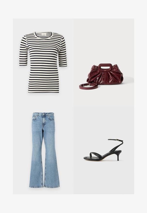 Sort og hvidt, vandret striped tætsiddende skjorte med albuelange ærmer og rund halsudskæring.; Lys blå denim flared jeans med høj talje, featuring knaplukning, fem lommer og en falmet vask med subtile whiskers.; Sort damesandal i læder med tynde remme, en tå-loop, ankelspænde og en mellemhøj stiletthæl på en neutral baggrund.; Lille mørkerød læderhåndtaske med opsamlet struktur, rektangulært håndudskåret håndtag og aftagelig skulderrem på hvid baggrund.