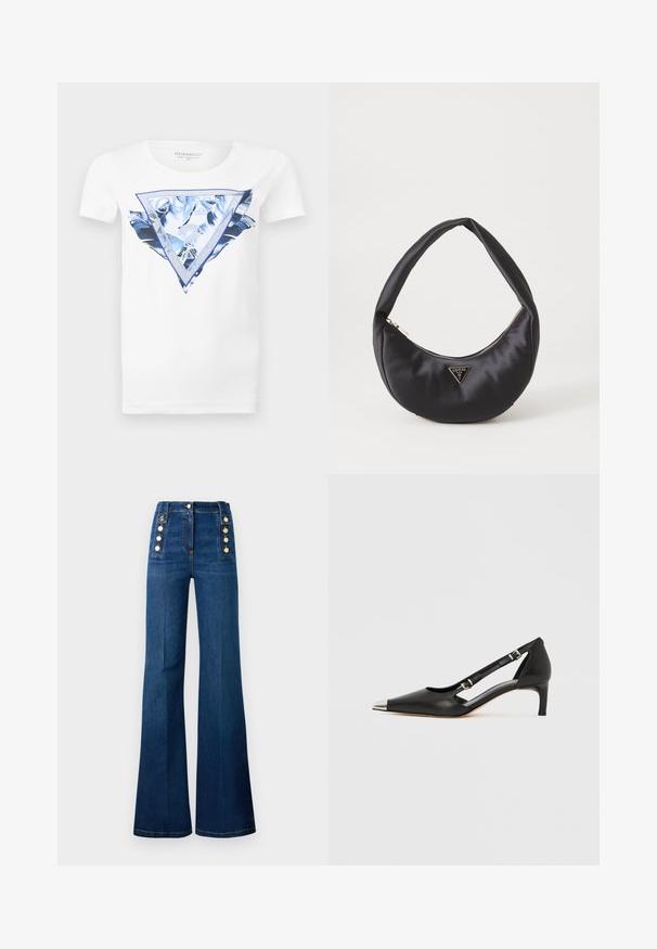 Hvid T-shirt med korte ærmer, blå tropisk bladdesign og stort Guess-logo inde i en blå trekant på fronten.; Højtsiddende flagrende jeans i mørkeblå denim, med guldfarvede knapdetaljer på siderne og en glat tekstur.; Sort læder kitten heel med spids sølvfarvet tåhætte og dobbelte spænderemme på hvid baggrund.; Sort satin håndtaske med en buet form, der har en lynlåslukning og et trekantet logo i metal på forsiden. Glat tekstur og slankt design.