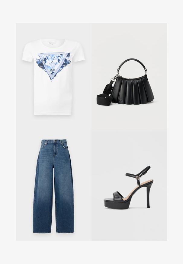 T-shirt blanc à manches courtes avec motif de feuilles tropicales bleues et grand logo Guess à l'intérieur d'un triangle bleu sur le devant.; Jeans évasés en denim bleu foncé. Caractéristiques : taille haute, cinq poches et fermeture par bouton supérieur. Texture légèrement délavée sur l'ensemble.; Sandales à plateforme noires avec un talon haut stilettos, dotées d'une tige en cuir lisse, d'un bout ouvert et d'une bride de cheville ajustable avec ferrures.; Sac à main noir en cuir plissé avec poignée courte et bandoulière large en tissu détachable sur fond blanc.