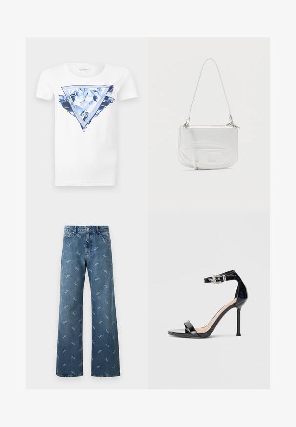 Hvid T-shirt med korte ærmer, blå tropisk bladdesign og stort Guess-logo inde i en blå trekant på fronten.; Lyseblå denimjeans med bred bendesign, prydet med et gentaget 'lala' logo-mønster i hvid og en klassisk fem-lomme stil.; Sort højhælet sandal i laklæder med ankelrem. Har minimalistisk design, åben tå og spænde med rhinsten-detaljer.; Hvid skuldertaske i læder med en buet form, lynlås, sølvhardware og præget mønster på forsiden. Justerbar rem medfølger.