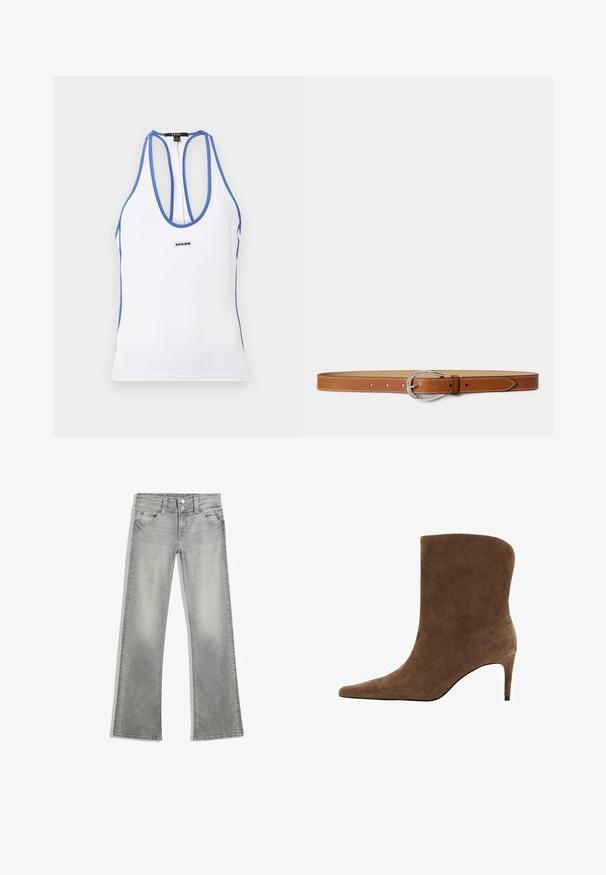 Witte racerback tanktop met blauwe bies en klein zwart-wit Ksubi-logo op de borst, plat liggend op een grijze achtergrond.; Grijze denim flared jeans met een vervaagde afwerking, voorzien van een knoopsluiting, vijf zakken en gestikte details langs de tailleband en zoom.; Bruine suède enkellaars met een spits toelopende neus en een slanke hak, met een strak bovenwerk en een gladde textuur.; Bruine leren riem met zilveren ovale gesp en witte stiksels, plat neergelegd op een lichtgrijze achtergrond.