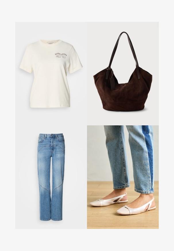 Cremefarvet bomulds t-shirt med korte ærmer, rund halsudskæring og grafisk print med øjne og tekst i mørkerød.; Lyseblå denimjeans har en afslappet pasform, brede ben og buede syninger. Stoffet har en glat tekstur med let falmning.; Lyserøde slingback flade sko med spidse tær, lavet af et glat læderlignende materiale. Har udskæringsdetaljer på siderne og en flad hæl.; Brun ruskind taske med en blød, slouchy form. Har læderhåndtag og et tag-accent. Enkelt tekstur med buede sømme.