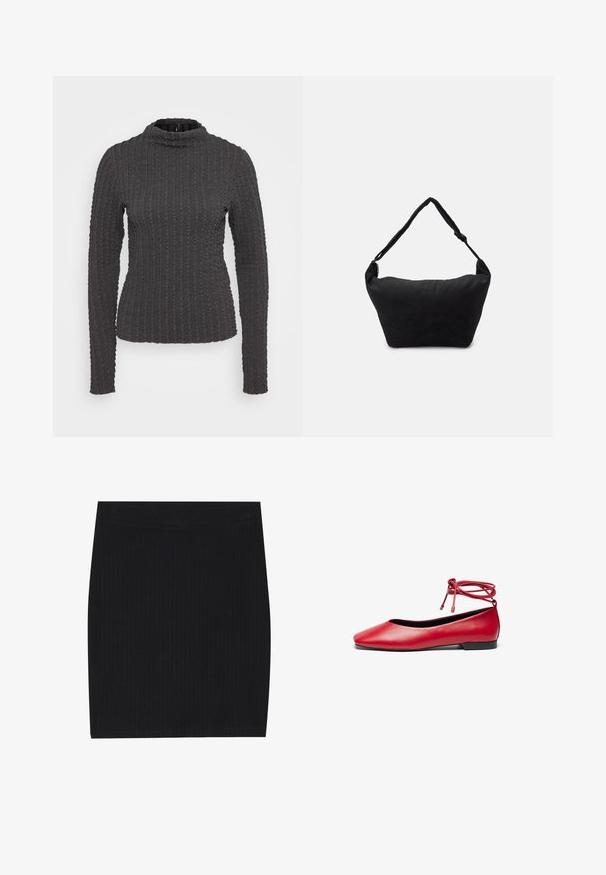 Mørkegrå langærmet turtleneck sweater med et tekstureret ribbet design og en tætsiddende form. Flad søm og sømløse manchetter.; Sort ribbet strikket mini nederdel med et tætsiddende design, glat tekstur og en elastisk talje for komfort.; Røde læder balletflade med firkantet tå og bånd til ankelbinding. Glat tekstur og en lille sort hæl.; Sort stof skuldertaske med en blød tekstureret overflade, rund form og en enkelt rem. Minimalistisk design uden synligt hardware eller accenter.