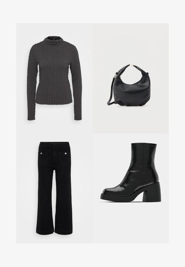 Mørkegrå langærmet turtleneck sweater med et tekstureret ribbet design og en tætsiddende form. Flad søm og sømløse manchetter.; Sorte breddebenede jeans lavet af denim, med høj talje, to baglommer og sølvtrykknapper. Glat tekstur med et rent design.; Sorte ankelstøvler med en blank finish, firkantet tå og en tyk blokhæl. Designet har en strømlinet silhuet og minimal branding.; Sort flettet læderhåndtaske med kort håndtag og aftagelig skulderrem, vist mod en ensfarvet lys baggrund.