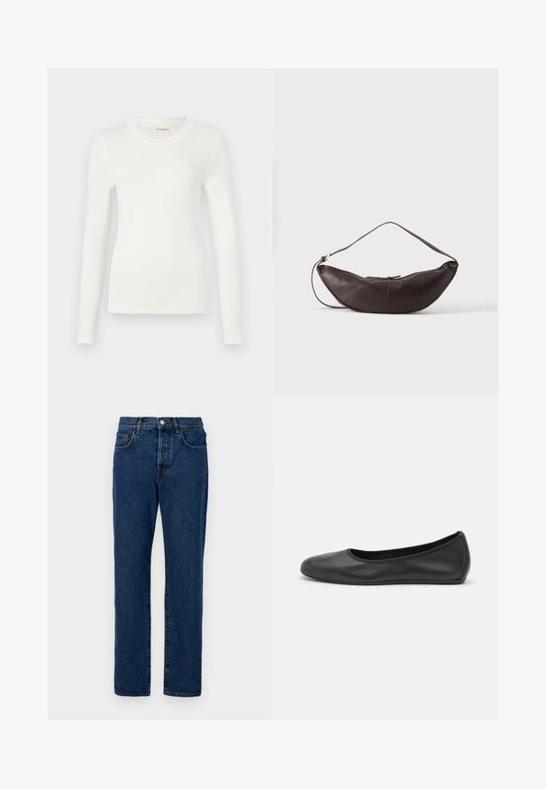 Langärmliges weißes T-Shirt aus weichem Stoff, mit Rundhalsausschnitt und figurnaher Silhouette. Minimalistisches Design ohne Muster oder Akzente.; Jeans aus Denim in Dunkelblau, mit einem klassischen geraden Schnitt, fünf Taschen und sichtbaren Nähten. Der Stoff hat eine leichte Struktur.; Schwarze Leder-Ballettschuhe mit abgerundeter Spitze, glatter Textur, minimalen Nähdetails und einem flexiblen Sohlen-Design.; Dunkelbraune Leder-Schultertasche in Halbmondform mit gebogenem Riemen und sichtbarer Naht auf schlichtem Hintergrund.