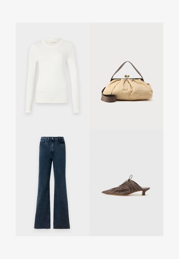 T-shirt blanc à manches longues en tissu doux, avec un col rond et une silhouette ajustée. Design minimaliste sans motifs ni accents.; Jean large taille haute bleu foncé avec poches frontales, passants de ceinture et fermeture à bouton.; Mule en cuir marron avec un bout pointu, texture froncée, petit talon et un accent de cordon de serrage à l'ouverture. Fini lisse.; Sac en tissu beige avec un design froncé, poignée en cuir marron et deux fermetures métalliques rondes en haut. Sangle marron réglable incluse.
