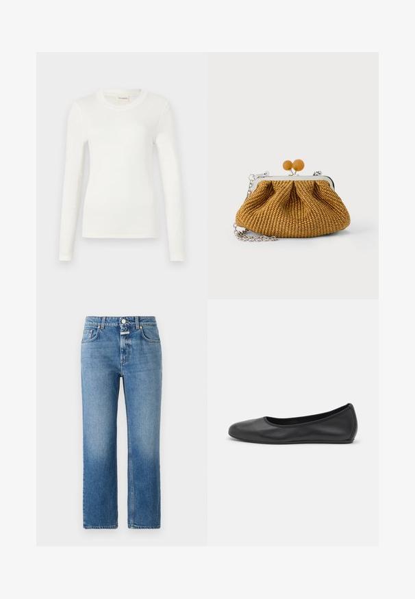 Langærmet hvid t-shirt lavet af blødt stof, med rund halsudskæring og et tætsiddende snit. Minimalistisk design uden mønstre eller accenter.; CLOSED MILO - Jeans Straight Leg - mid blue; Sort læderballetsko med rund tå, glat tekstur, minimal syning og et fleksibelt såldesign.; Lille brun flettet clutch-pung med sølvmetalramme, to runde trælåse og en kort sølvkæderem på en hvid baggrund.