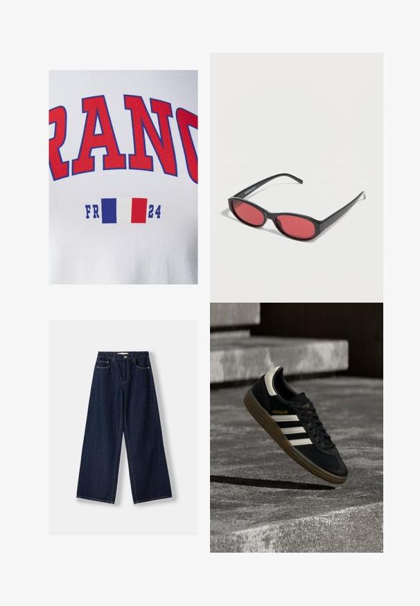 JJXX JXGIGI TEE - T-shirts print - bright white; Mørkeblå vidde denimjeans med knap- og lynlås foran, forlommer og bæltestropper, lagt fladt på en hvid baggrund.; Sort Adidas-sneaker med hvide striber og gummisåler, svævende over grå betontrapper i naturligt lys.; Sorte ovale solbriller med tynde arme og rødtonede linser, der ligger på en hvid overflade.