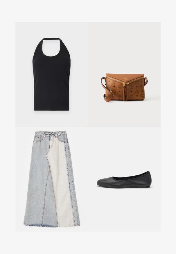 CLOSED NECK HOLDER - Débardeur - black; Jupe en denim avec un motif patchwork composé de sections bleues clair et moyen, ourlets effilochés et taille haute. Style classique à cinq poches.; Ballerines en cuir noir avec un bout rond, texture lisse, détails de couture minimalistes et design de semelle flexible.; Sac bandoulière en cuir marron avec double fermeture éclair dorée et motif logo MCM, sangle réglable et tirettes à pampilles sur fond uni.