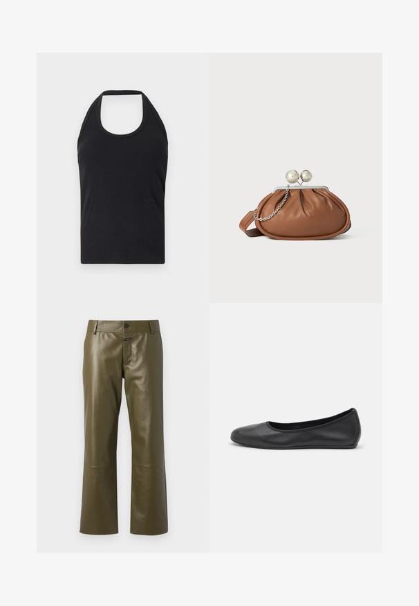 CLOSED NECK HOLDER - Débardeur - black; CLOSED SERANDON - Pantalon en cuir - marsh green; Ballerines en cuir noir avec un bout rond, texture lisse, détails de couture minimalistes et design de semelle flexible.; Pochette en cuir marron avec un fermoir à boule en argent et un petit détail en chaîne argentée sur fond blanc.