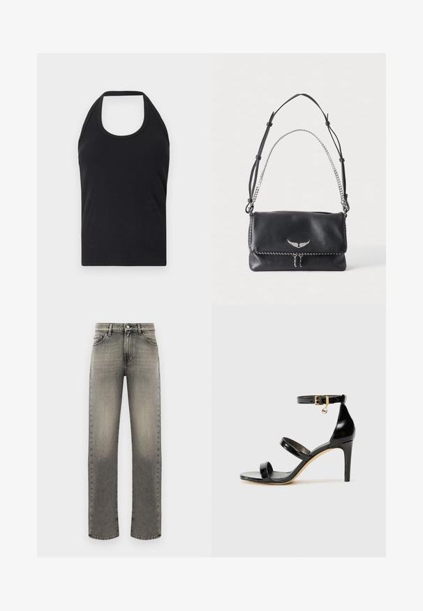 CLOSED NECK HOLDER - Top - black; Grå denimjeans med lige ben, der har et falmet mønster, fem lommer og stikninger langs sømme og talje.; Sorte patenterede lædersandaler med tre stropper, ankelspænde og 10 cm stiletthæl. Har detaljer i guld og et logo charms.; Sort læder skuldertaske med sølv vingeemblem, justerbar læderrem og sølvkædehåndtag på ensfarvet baggrund.