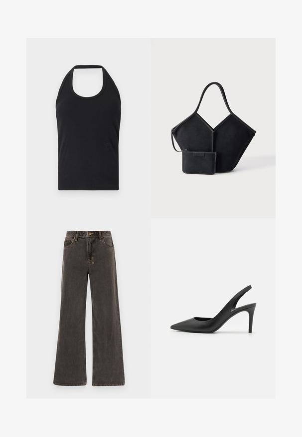 CLOSED NECK HOLDER - Top - black; Bredde jeans i mørkegrå denim. Har høj talje, fem lommer og kontrasterende guld-syninger. Subtil slitage giver et struktureret udseende.; Sorte læder slingback høje hæle med spids tå-design, der har en udskæring fortil og en tynd stiletto-hæl.; Sort geometrisk tote taske med en bred enkelt håndtag og matchende lille lynlåslomme fastgjort, mod en ensartet lys baggrund.