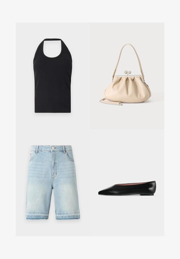 CLOSED NECK HOLDER - Top - black; Lysblå denimshorts med en frynset kant, fem-lomme design og standard talje med knaplukning. Diskret falmning over det hele.; Sort damesko i læder med flad hæl og spids tå, vist fra siden på en ensfarvet lys grå baggrund.; Beige blød læderhåndtaske med en sølv metalramme-lukning, enkelt skulderstrop og en valgfri kæderem på en hvid baggrund.