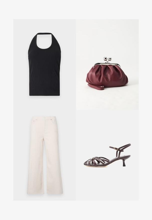 CLOSED NECK HOLDER - Débardeur - black; Pantalons en denim beige clair à jambes larges, taille haute, avec cinq poches et une fermeture à bouton à l'avant. Texture lisse, détails de couture minimalistes.; Sandale à talon kitten en cuir marron foncé avec lanières et bride de cheville réglable à boucle sur fond blanc.; Petit sac pochette en cuir bordeaux avec fermoir métallique argenté et bracelet sur fond blanc.