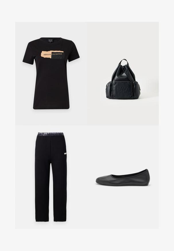 Camiseta negra de algodón con un diseño gráfico que presenta "ARMANI EXCHANGE" en melocotón claro y acentos texturizados en negro. Corte regular.; Pantalones de chándal negros con una textura suave y elegante, que presentan una cinturilla elástica con un logotipo y un detalle lateral. Diseño de pierna recta.; Bailarina de piel negra con punta redondeada, textura suave, detalle de costura minimalista y diseño de suela flexible.; Mochila negra de cuero con cordón, con bolsillos delanteros y laterales con cremallera, con el logo "EA7 Emporio Armani" en relieve en el bolsillo delantero.