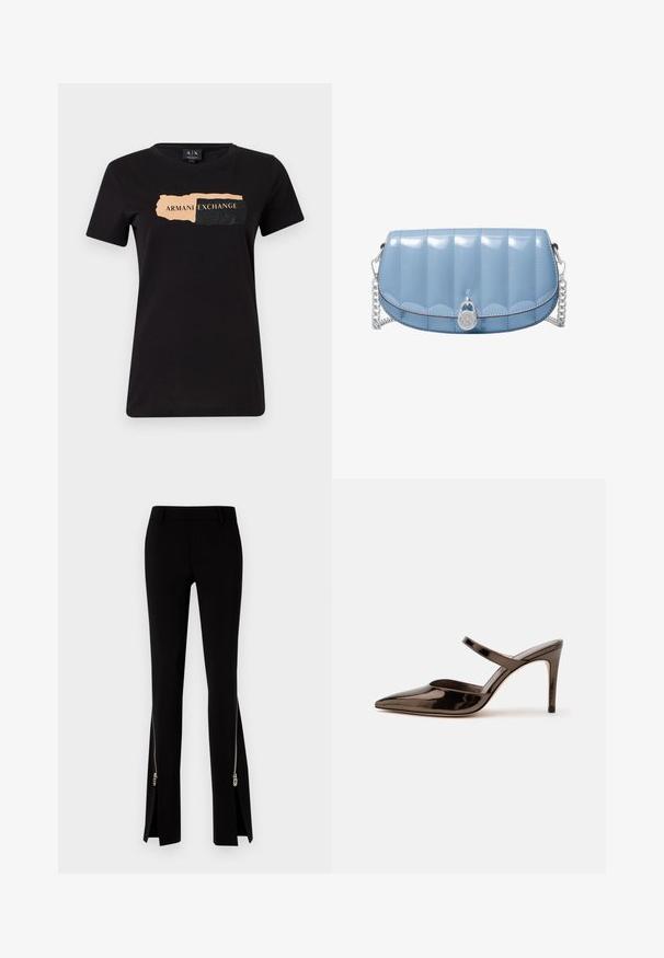 T-shirt noir en coton, avec un design graphique affichant "ARMANI EXCHANGE" en pêche clair et des accents texturés noirs. Coupe classique.; DSQUARED2 ICON TRUMPET PANT - Pantalon classique - black; Mule à talon haut marron foncé brillant à bout pointu avec une fine bride sur le coup de pied sur fond blanc uni.; Sac bandoulière matelassé bleu clair brillant avec bandoulière en chaîne argentée et petit détail de cadenas argenté sur le rabat avant.