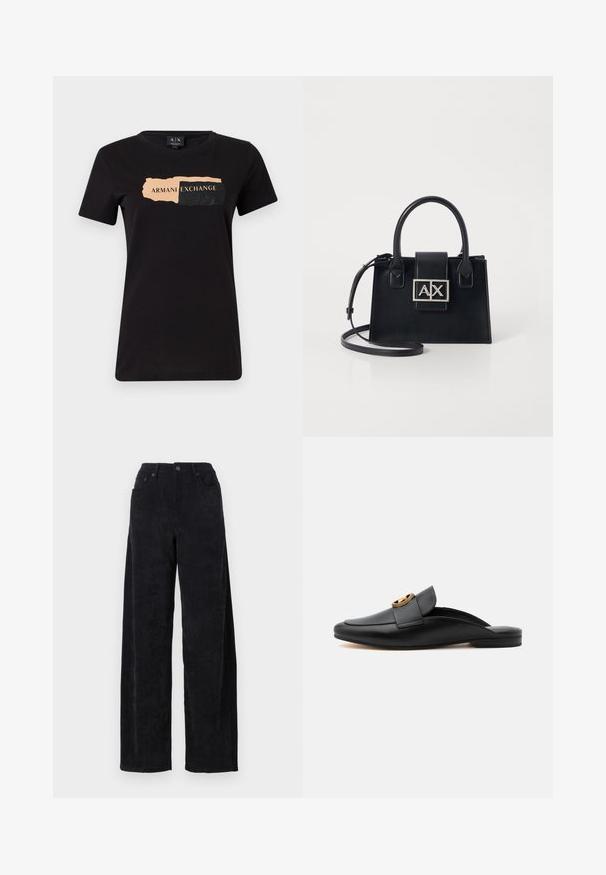 Sort T-shirt lavet af bomuld, med et grafisk design med "ARMANI EXCHANGE" i lys ferskenfarve og sorte teksturerede detaljer. Regular fit.; Sorte fløjlsbukser med vid ben og høj talje, der har to forlommer og en subtil vertikal ribbet tekstur.; Sort læder slip-on loafer med flad hæl og guldfarvet cirkulær spænde på den øverste rem, vist i profil mod hvid baggrund.; Sort læder håndtaske med en struktureret design, top håndtag og en aftagelig skulderrem. Har en logo-plade i sølvfarve og en glat overflade.