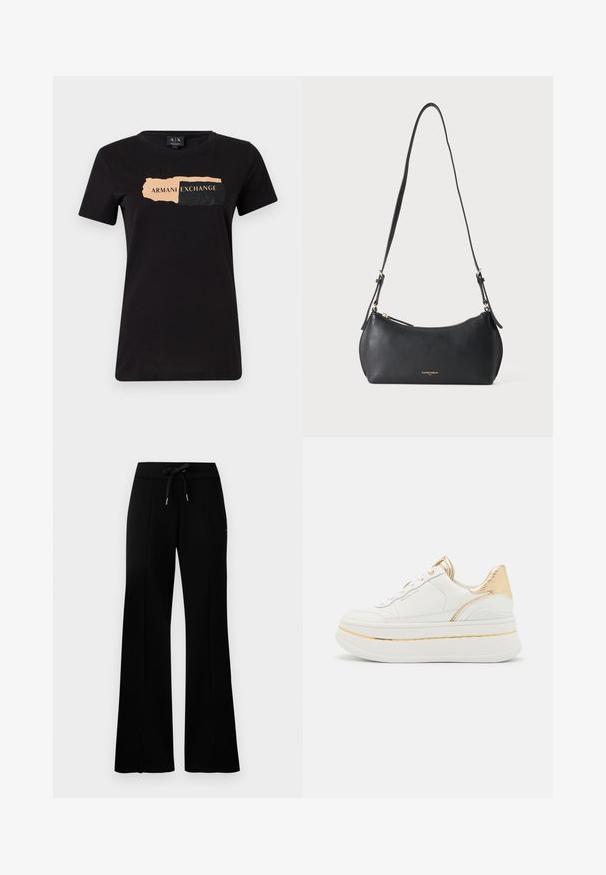 Must musta t-särk, mis on valmistatud puuvillast, millel on graafiline disain "ARMANI EXCHANGE" heleda persika värviga ja mustade tekstuursete aktsentidega. Tavaline lõige.; Musthave laiad mustan värvi dressipüksid, millel on reguleeritav vöökoht, külgedel lõhikud, pehme kangas ja elegantne disain.; Valgest nahast platvormi tossud kuldsete aktsentidega, tekstureeritud kuldse kontsaga, ümmarguste paeltega ja siledast tallast koos õhukese kuldse triibuga.; Väike must nahast õlakott reguleeritava rihma ja kuldse tõmblukuga, ees tagasihoidliku kuldse bränditekstiga.