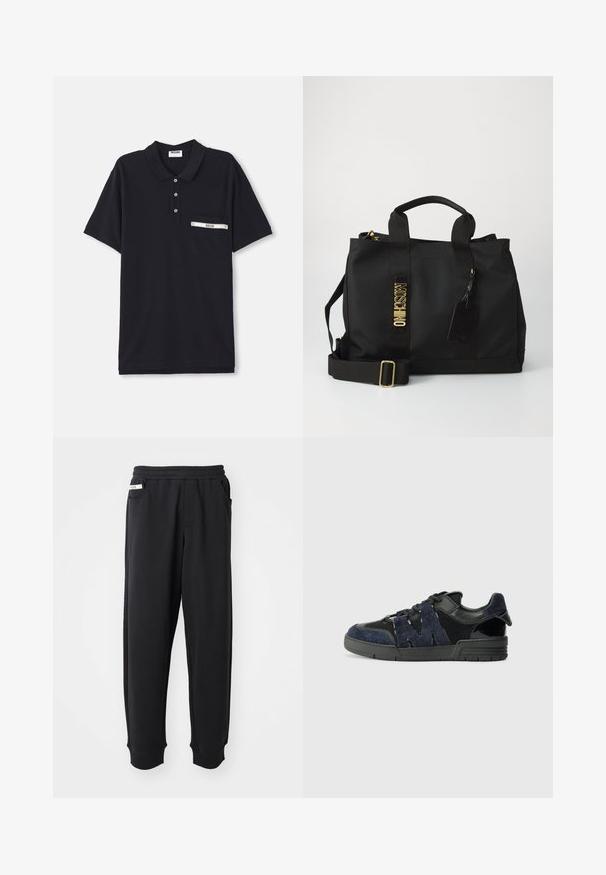 Schwarzes Poloshirt aus Baumwolle mit einem Knopfverschluss mit drei Knöpfen, kurzen Ärmeln und einer Brusttasche mit silbernem Akzent und Etikett.; Schwarze Jogginghose aus weichem Stoff, mit einem elastischen Bund, seitlichen Taschen und gerippten Bündchen an den Knöcheln. Minimalistisches Design.; Schwarze und marineblaue Sneakers aus Wildleder und Mesh-Materialien, mit einer dicken Sohle und einem markanten Ausschnitt in Form eines "M"-Details an der Seite.; Schwarze Moschino-Tote-Tasche mit doppelten Griffen, verstellbarem Schultergurt, goldener Logo-Schriftzug und angehängtem schwarzen Gepäckanhänger auf neutralem Hintergrund.