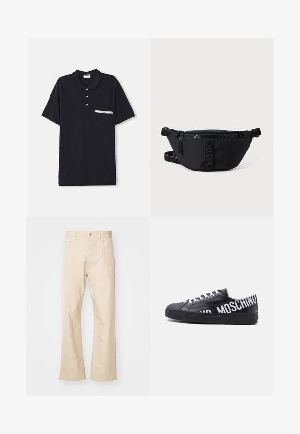 Sorte polo shirt lavet af bomuld med en tre-knaps knaplukning, korte ærmer og en brystlomme med en sølvfarvet detalje og et label.; Beige bukser lavet af bomuld, med en lige ben-edesign, to frontlommer, bæltestropper og metalknaplukning.; Sort lavtop sneaker med hvide snørebånd og fed hvid "MOSCHINO" tekst, der vikler sig rundt om hælen og siden.; Sort Moschino bæltetaske med frontlynlås og justerbar rem på en ensfarvet lys baggrund.