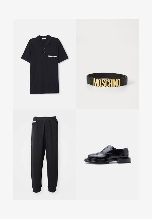 Sorte polo shirt lavet af bomuld med en tre-knaps knaplukning, korte ærmer og en brystlomme med en sølvfarvet detalje og et label.; Sorte sweatpants lavet af blødt stof, med elastisk talje, sidelommer og ribbede manchetter ved anklerne. Minimalistisk design.; Sort poleret læder broguesko med vingetip-perforering og stablet hæl, vist i sideprofil mod en hvid baggrund.; Sort læderbælte med et stort guld "MOSCHINO" logo spænde, glat tekstur, justerbar størrelse og minimalistisk design.