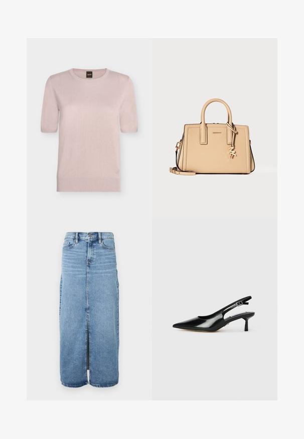 Pull en maille rose clair à manches courtes avec col rond, poignets et ourlet côtelés, et un petit logo brodé près de l'ourlet inférieur.; Jupe maxi en denim bleu clair avec fente avant, fermeture à boutons et cinq poches. Dotée de coutures classiques et d'un design droit.; Escarpins à talons slingback en cuir verni noir avec un bout pointu, un talon fin et une sangle réglable. Texture lisse avec un détail minimal.; Sac à main en cuir beige avec deux poignées, bandoulière amovible et breloque dorée avec le logo Michael Kors sur un fond uni.