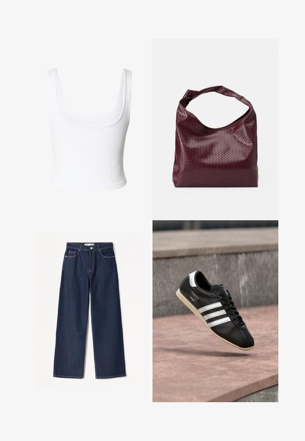 Witte cropped tanktop met brede bandjes en een vierkante halslijn gemaakt van gladde stof.; Donkerblauwe wijdvallende jeans van denimstof met witte stiksels, heeft twee zijzakken en een klassieke knoopsluiting.; Zwarte leren sneaker met witte strepen en zool, veters gestrikt, zwevend boven een rozeachtig betonnen oppervlak met een grijze stenen muur op de achtergrond.; Bordeauxrode tas met een gestructureerd, geweven patroon, zacht leermateriaal en een enkele, geknoopte handgreep. Ruim, hobo-stijl ontwerp.