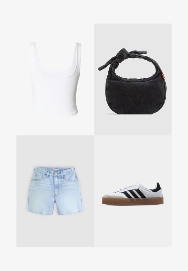 Hvid crop top med brede stropper og firkantet udskæring lavet af glat stof.; Lysblå denimshorts med fem-pockets design, knaplukning og let fransede kanter. Stoffet har et blødt, textureret udseende.; Hvide lædersneakers med sorte striber, gummirubber sål, rund tå, snørelukning og blød grå ruskinds tåhætte.; Lille sort denim skuldertaske med knyttet rem og lynlåslukning, med en rød Levi's stofetiket på siden.